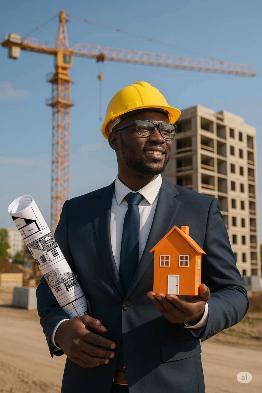 Ingénieur avec casque tenant une maquette de maison, chantier en arrière-plan
